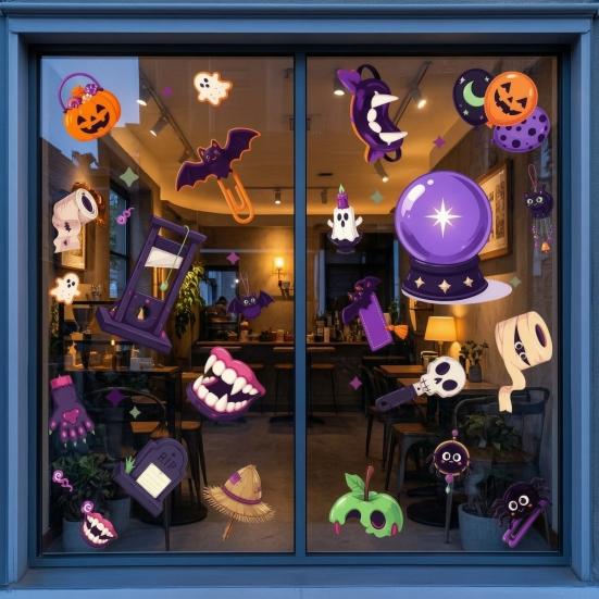 Reusable Glass Decor 2Pcs Halloween Static Window Clings, Sticker with Pumpkin Ghost Bat Indoor Outdoor Art Spider Ball Decals, Wall Stickers for Shop