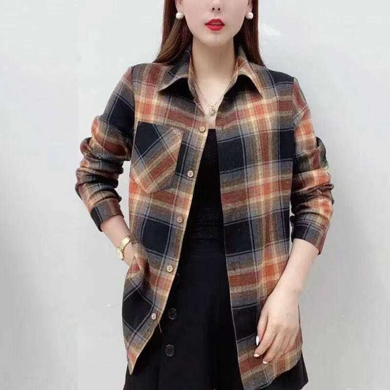Spring Autumn Elegant Fashion Harajuku Plaid Tops Women Loose Casual All Match Lady Shirt Polo Button Long Sleeve Blusa