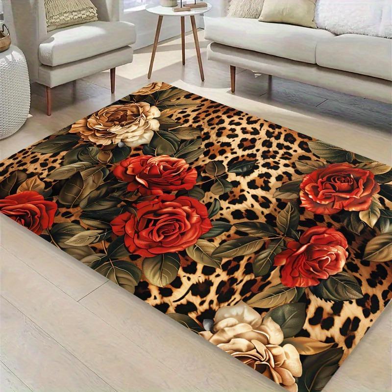 Bohemian Rug, Leopard and Rose Pattern Plush Carpet, Luxe Soft Floor Mat for Bedside, Dining Area, Apartment, Retro Home Decor
