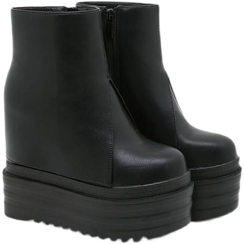 Fashion 14CM Fashion Wedges Ankle Boots Women's Round Toe Wedged Heels Shoes Platform Boots Women  Autumn High Heels Booties Hot Sale