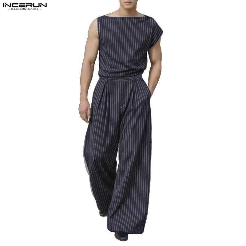 INCERUN Two Pieces Sets Men Casual Sleeveless Striped Tank Tops and Long Pants Trousers Outfits