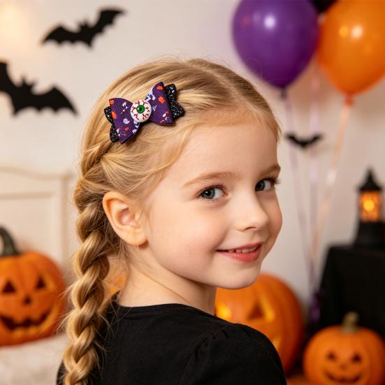 Festive Hair Styling Tools Halloween Glitter Bow Clips for Kids Baby Girls, Double Layer Shiny Party Barrettes Ghost/Pumpkin/Eyeball Bowtie