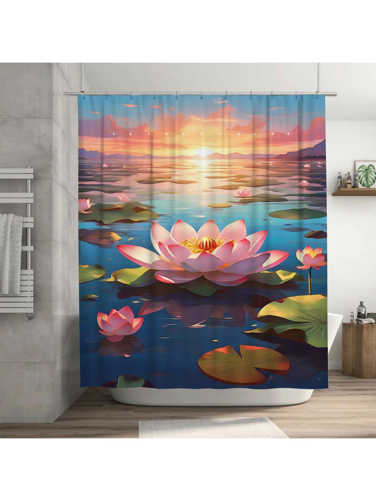 

Sunset Lotus Pond Waterproof Shower Curtain Heat Resistant Machine Washable Non-Transparent 180x180cm 90X180cm(35x70in)