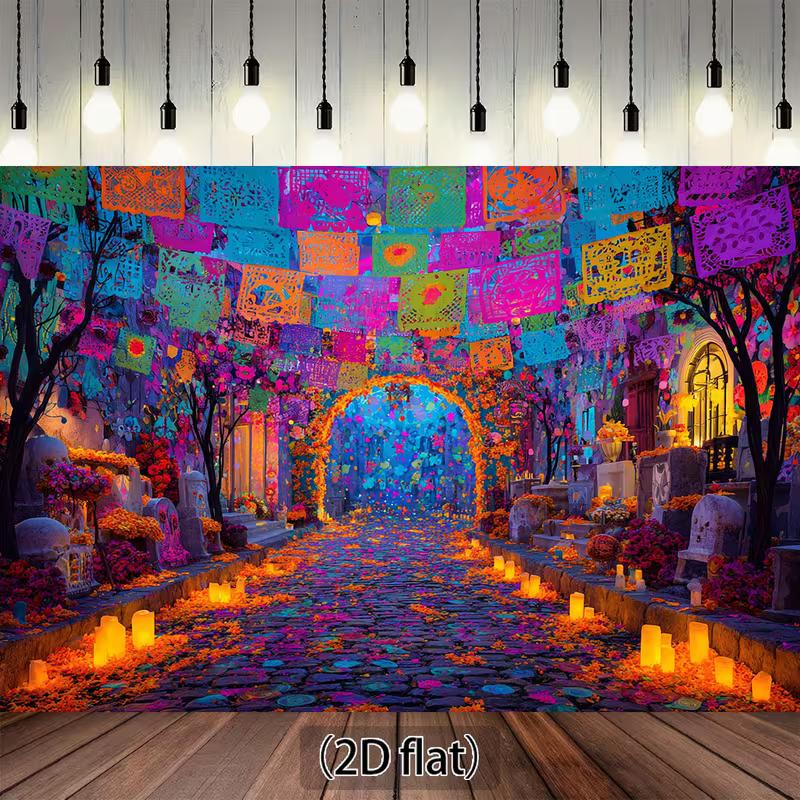 2D Mexican Day of the Dead Backdrop, Cemetery with Flags and Marigold Path Background