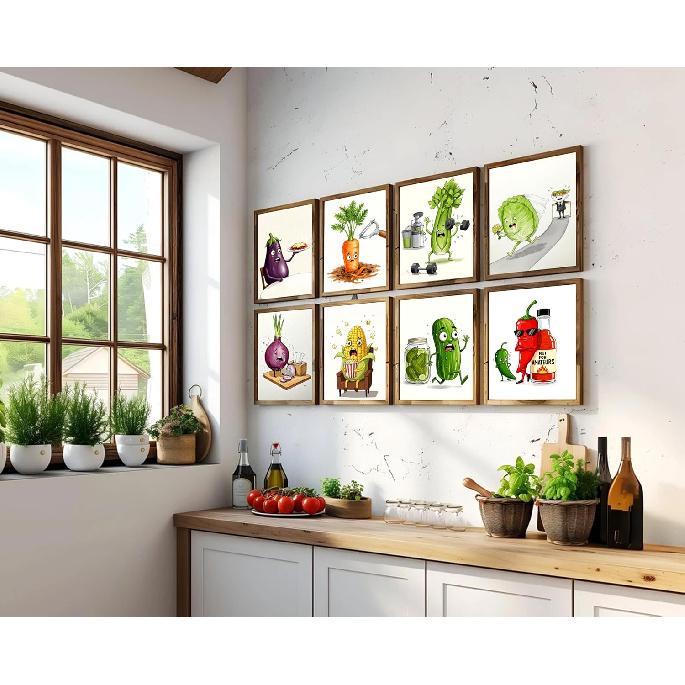 9Pcs Funny Weird Kitchen Wall Art Cute Cool Colorful Food Vegetable Painting Picture Wall Decor Whimsical Pickle Eclectic Food Art Poster Print