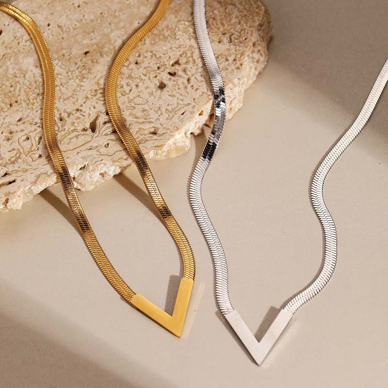 Stainless Steel Metal V-Shaped Choker Necklace for Women Men Punk Gold Color Flat Snake Chain Necklace Jewelry Gifts