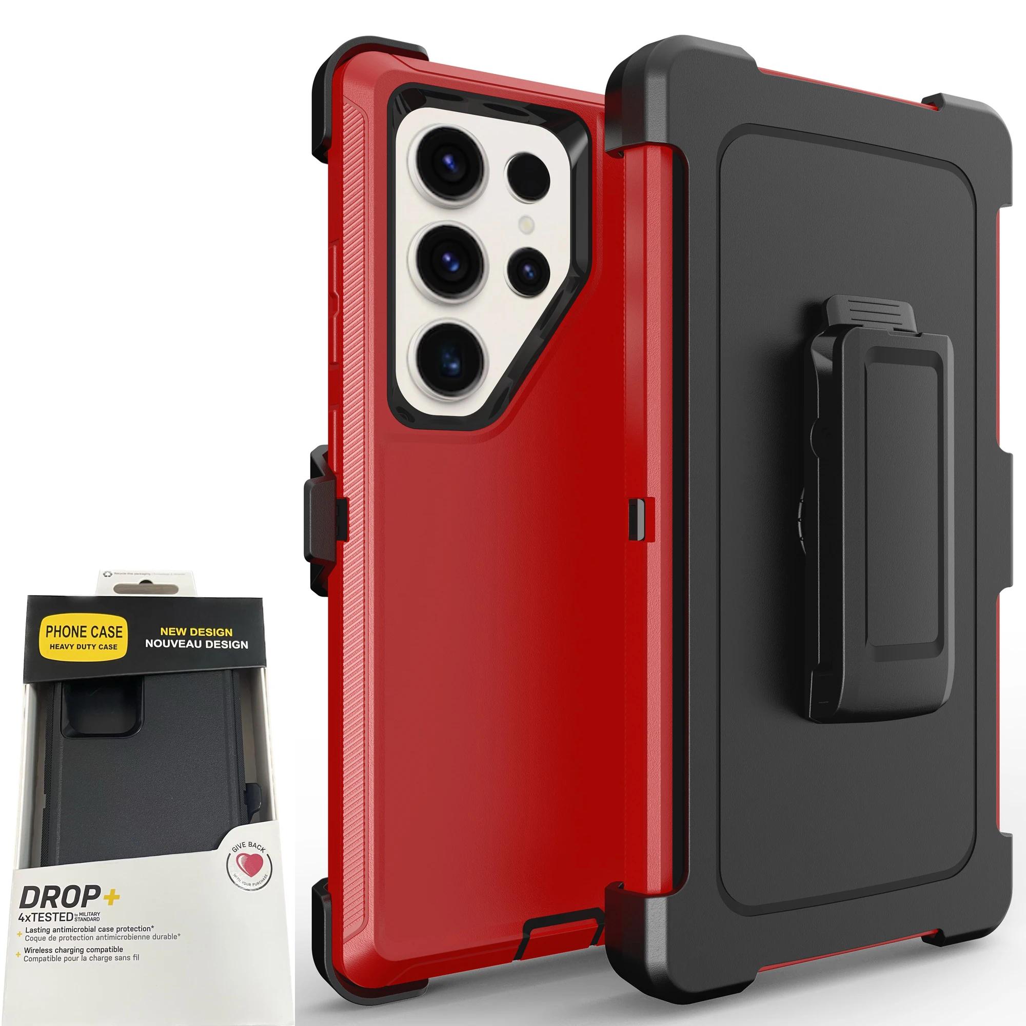 

Надміцний протиударний чохол 3в1 Otter Armor Box для Samsung Galaxy S25 Ultra S24 S23 S22 S21 S20 Plus Note20 з кліпсою для ременя S21Ultra темно-червоний колір