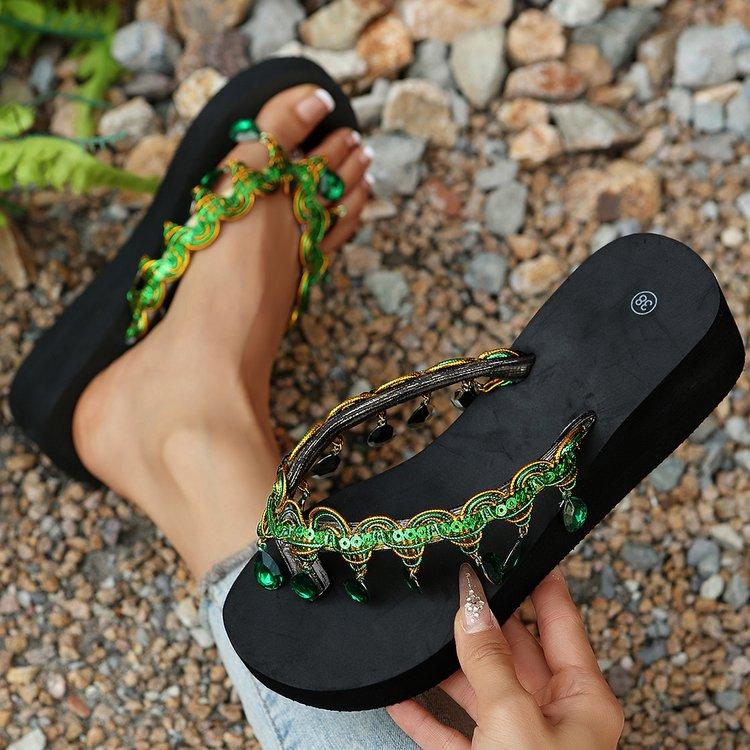 Strass Kwastje Sleehak Teenslippers voor Dames Zomer Bohemien Clip Teen Platform Sandalen Vrouw Dikke Zool Strand Slippers 38