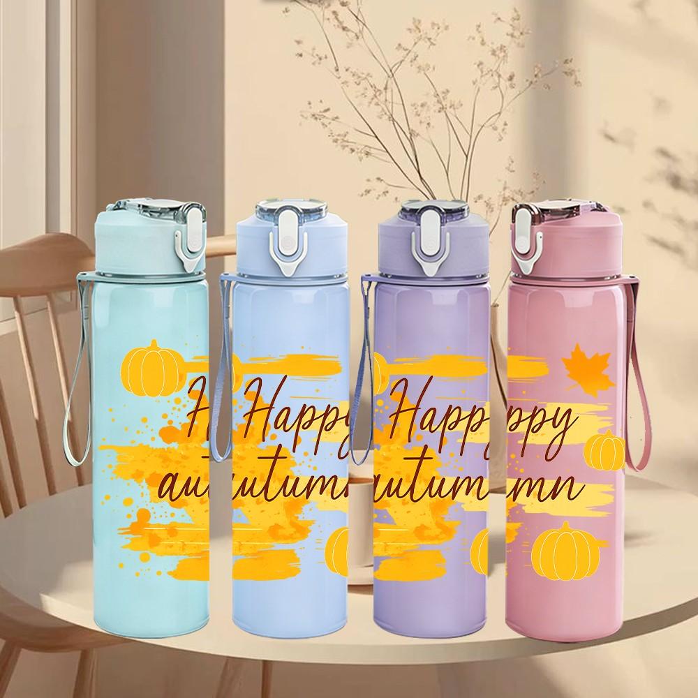 1PC Happy Autumn Fall Text Art Pattern 750ml Color Plastic Sports Water Bottle Leakproof Flip Straw Lid Suitable for Sports Office Home Use