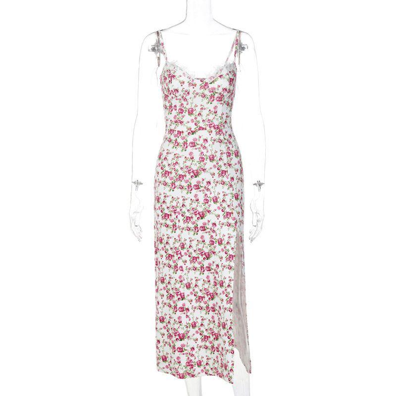 European and American Style 2025 Summer Floral Split Hem Strap Dress Foreign Trade Dress Sexy Dress Summer Long Red M
