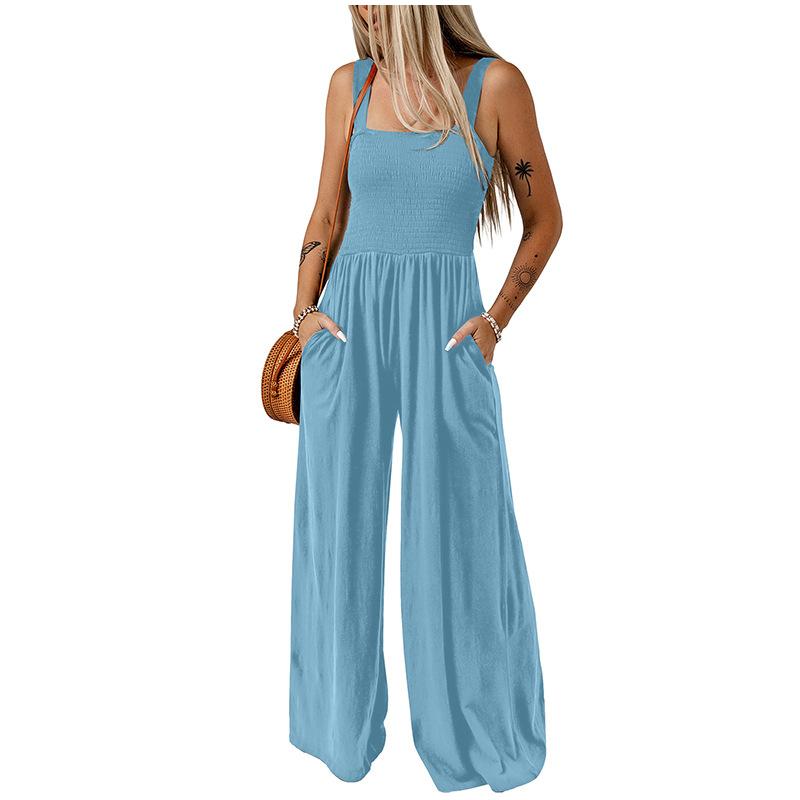 Summer and Autumn Pure Color Women Sexy Suspenders Sleeveless Jumpsuit Wide Leg Pants Office Work Ladies Romper