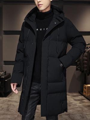 Veste d'hiver à capuche mi-longue en coton matelassé pour homme - Tendance, Épaisse, Chaude et Coupe ample.