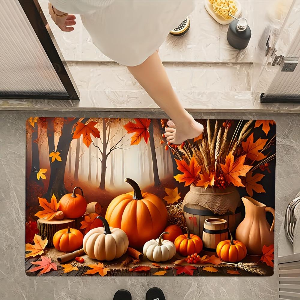 Thanksgiving Pumpkin Maple Leaf Non-Slip Door Mat Entrance Welcome Floor Mat Home Decor Kitchen Balcony Hallway Laundry Room Rug