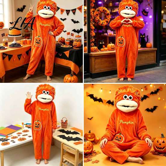 Cartoon Creature Costume Big Mouth Onesie Pajamas, Halloween Pumpkin Fleece Loose Fit Pajamas Hooded Unisex One Piece Sleepwear Loungewear