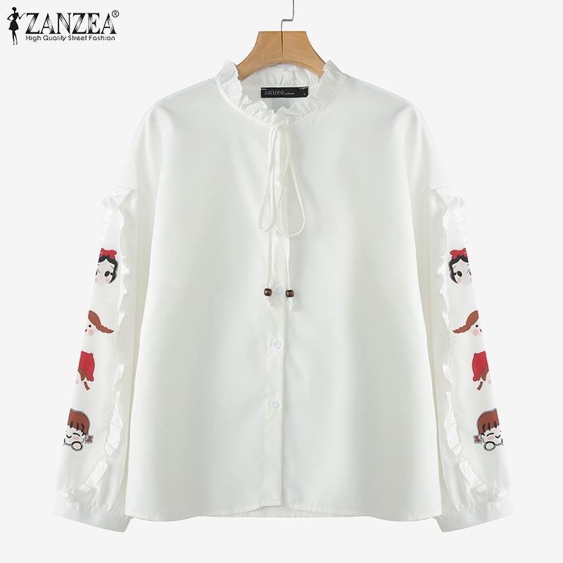 ZANZEA Bluză casual de damă cu gât rotund, imprimeu patchwork, mâneci lungi