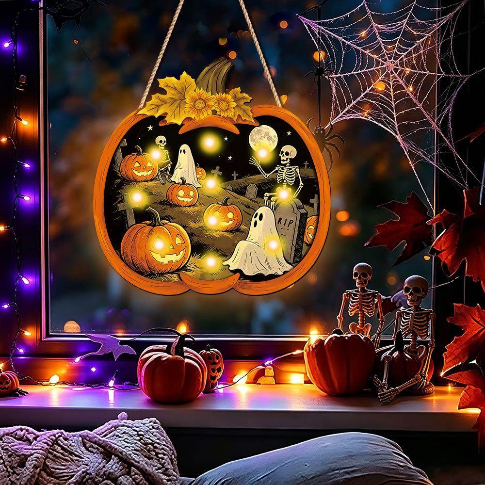 Cartoon Ghost Halloween Pumpkin Light-up Signage Lighted Pumpkin LED Lamp Wall Hanging Plaque Multi-functional Scenery Layout