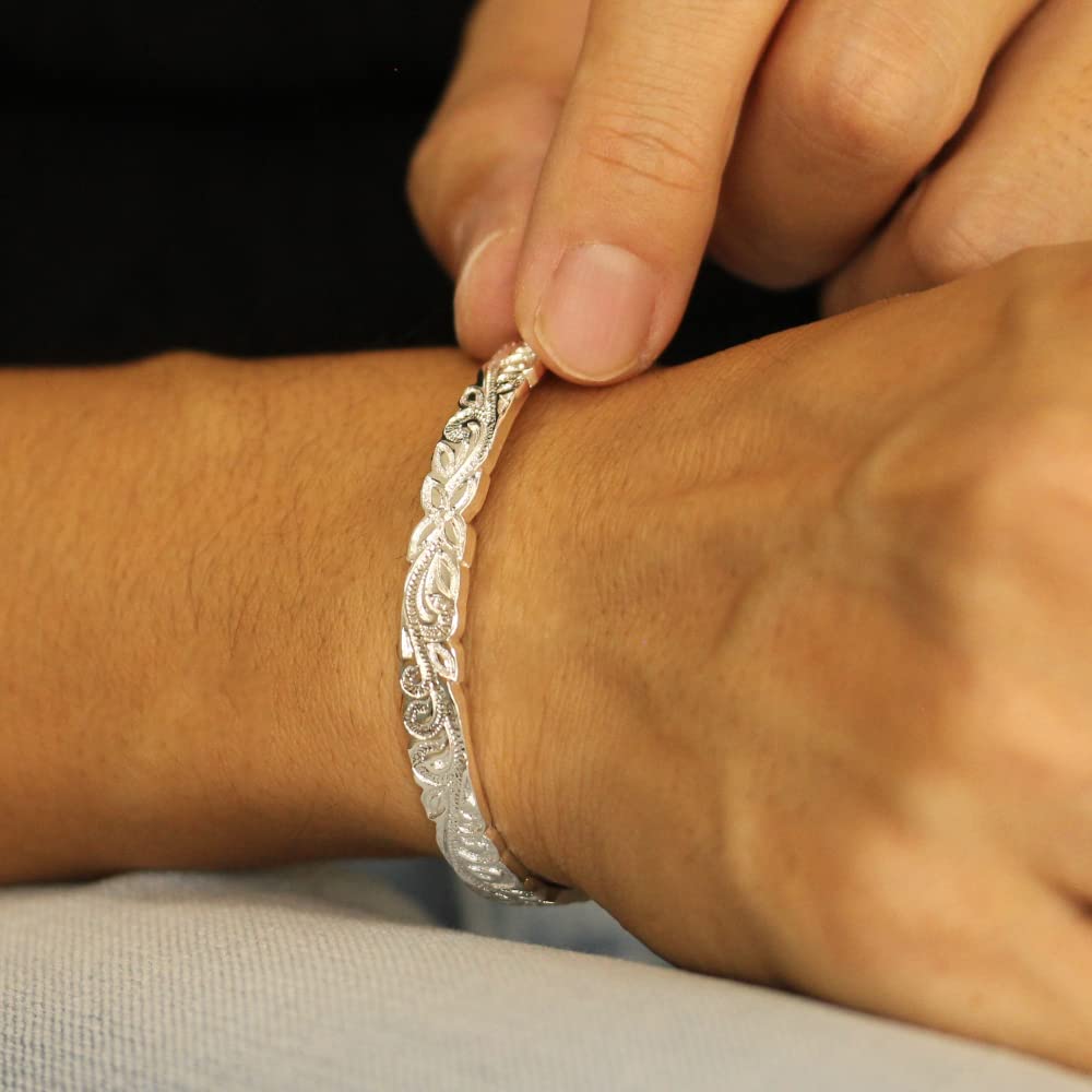 Hawaiian Jewelry Bangle Silver 925 Bracelet Scroll Plumeria Men Women