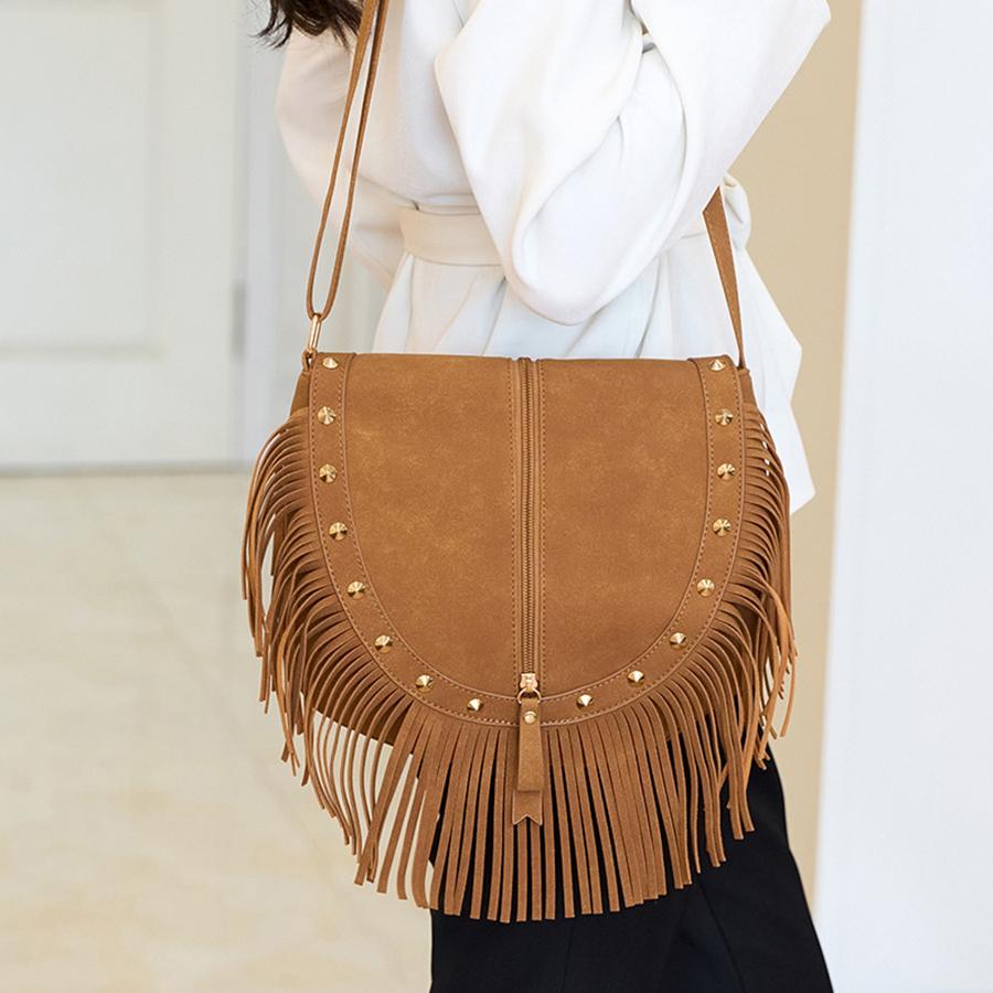 New retro rivet tassel women's flip cover bag matte leather saddle bags versatile solid color single-shoulder crossbody bag sac