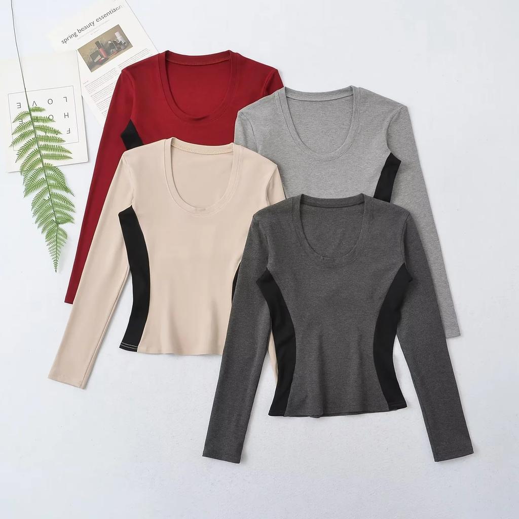 Four Color Autumn Women'S Clothing New Style Spliced Small Round Neck Base Shirt Contrasting Color Top Tight T-Shirt