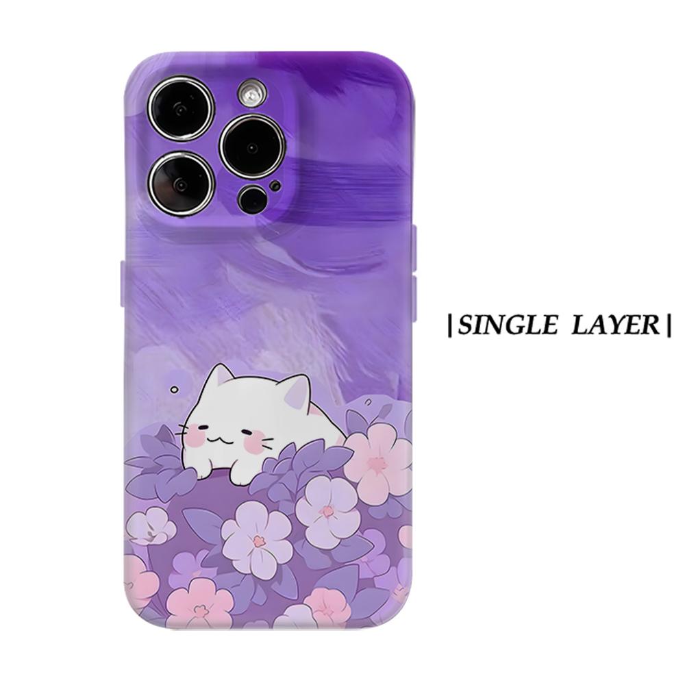 Purple Floral Kitten Phone Case for IPhone 17AIR 16E 16 15 14 13 12 11 17 Pro Max Plus Double-layer Back Cover