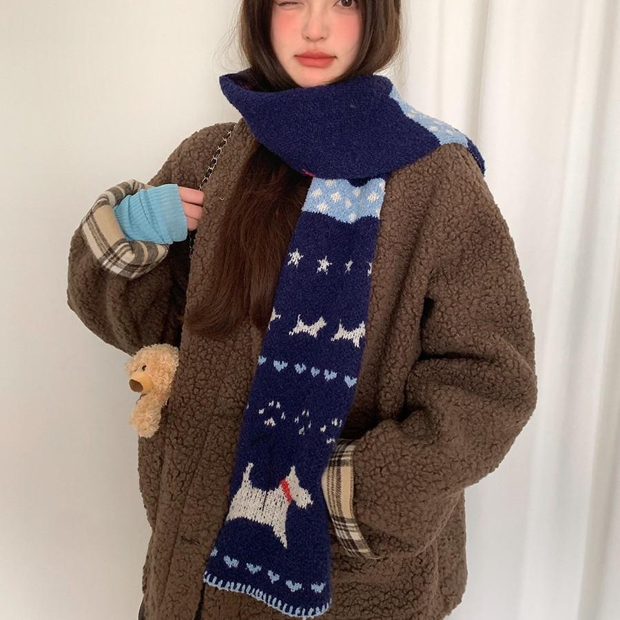 Japanese Navy Blue Puppy Knitted Scarf Female Winter Cute Shopping Atmosphere Versatile Warm Student Wool Scarf