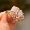 Exquisite Sparkling Droplet Shaped Inlaid Zircon Leaf Flower Ring, Suitable for Women's Banquet Party Accessories and Gifts