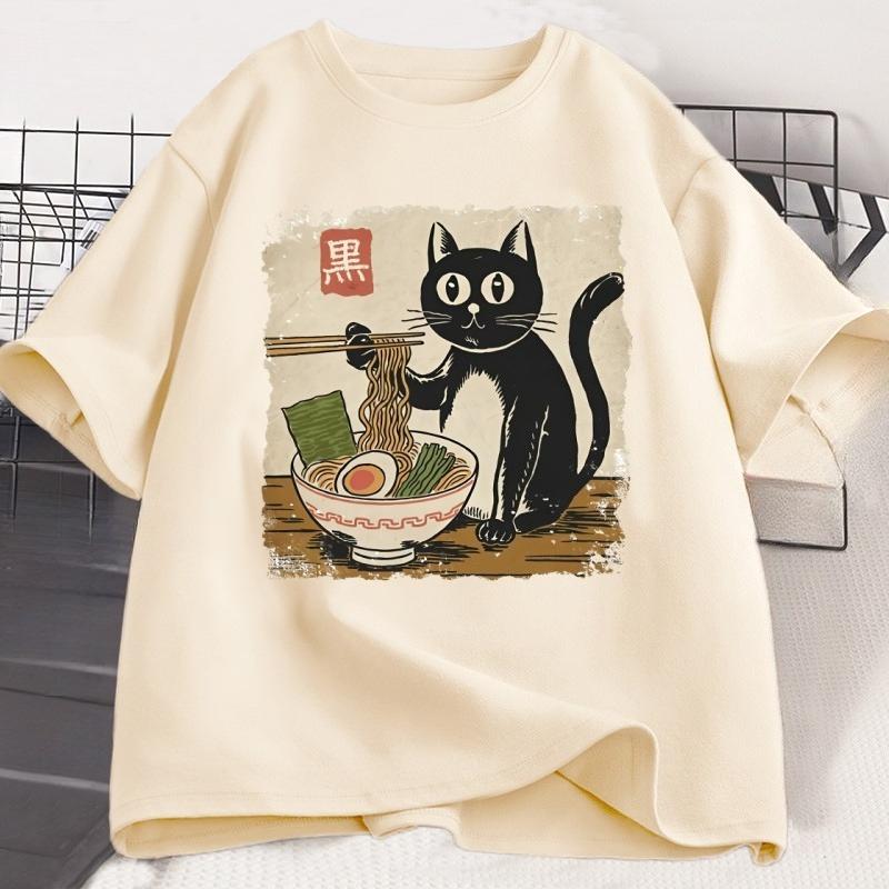 Funny Black Cat RaUnisex Tshirt Unisex Women Japanese Graphic Tees Kawaii Cat Anime Print T Shirt Casual Short Sleeve Unisexs Clothes