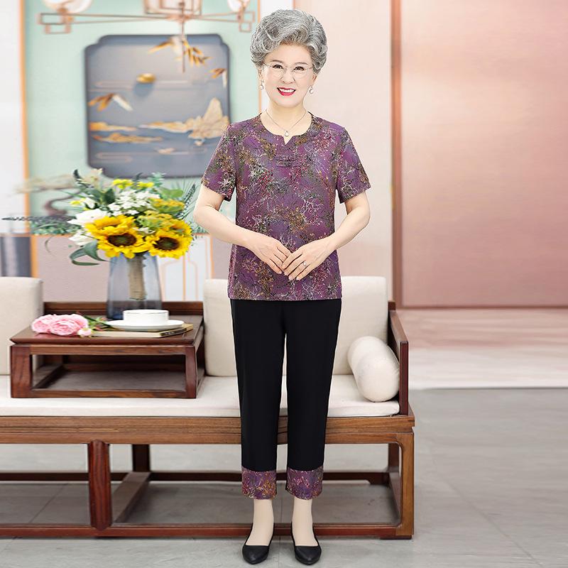 Grandma s Summer Silk-Cotton Suit: Short-Sleeve Two-Piece Set for Elderly Women 5XL (140-155 jin) фиолетовый