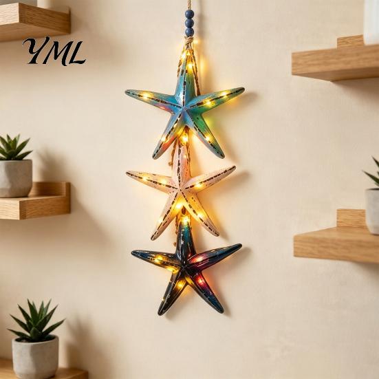 Maritime Inspired Home Accessories Lighted Wooden Fish Starfish Wall Decor, Beachy Decor with Warm LEDs, Handmade Beach Style Accents Coastal Nautical