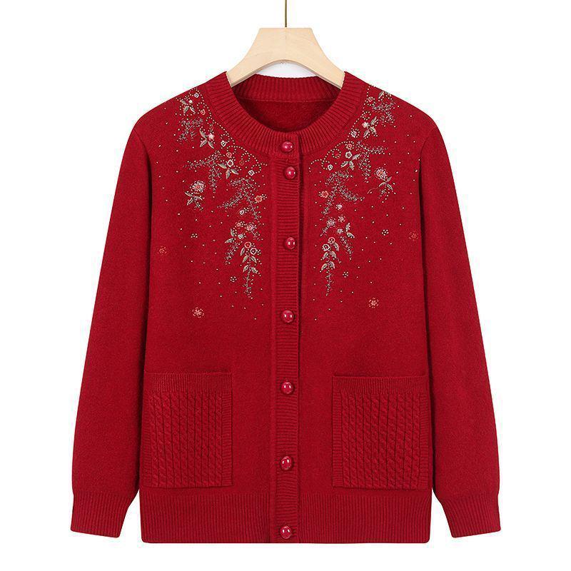 Warm Embroidered Knit Sweater for Elderly Women - Fleece-Lined Autumn/Winter Jacket for Grandmothers and Mothers