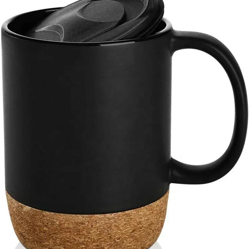 Einfache Keramik-Kaffeetasse mit Korkboden und Deckel, Spritzgeschützt, Hitzebeständig, Matt, Uni-Weiß, Schwarzer Korkboden, Teetasse