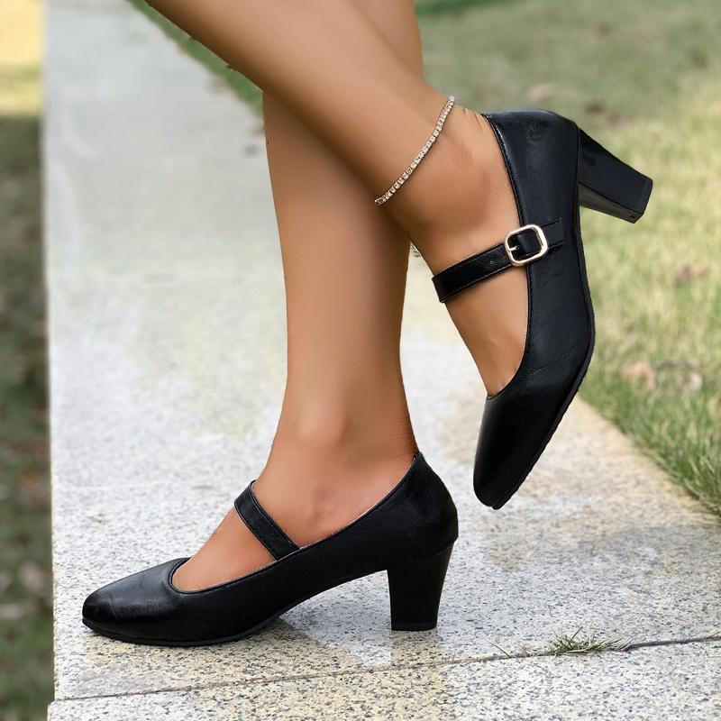 2026 New Women's  Mary Jane Pumps Buckle Strap Thick Med Heels Dress Shoes Woman Pu Leather Comfort Office Work Shoes Big Size