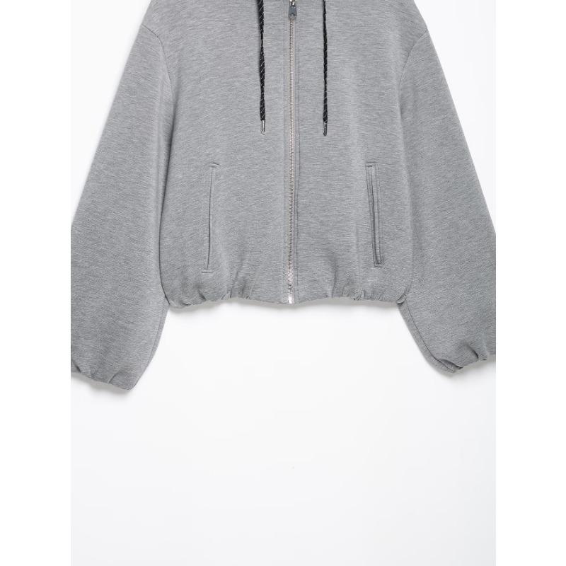 Women Hooded Zip Up Light Gray Sweatshirt Jacket Lantern Sleeve Short Length