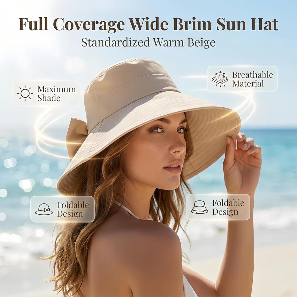 Cappello da Sole a Tesa Larga con Fiocco da Donna – Pieghevole, Protezione UV a 360°, Traspirante, per Viaggi Estivi e Spiaggia