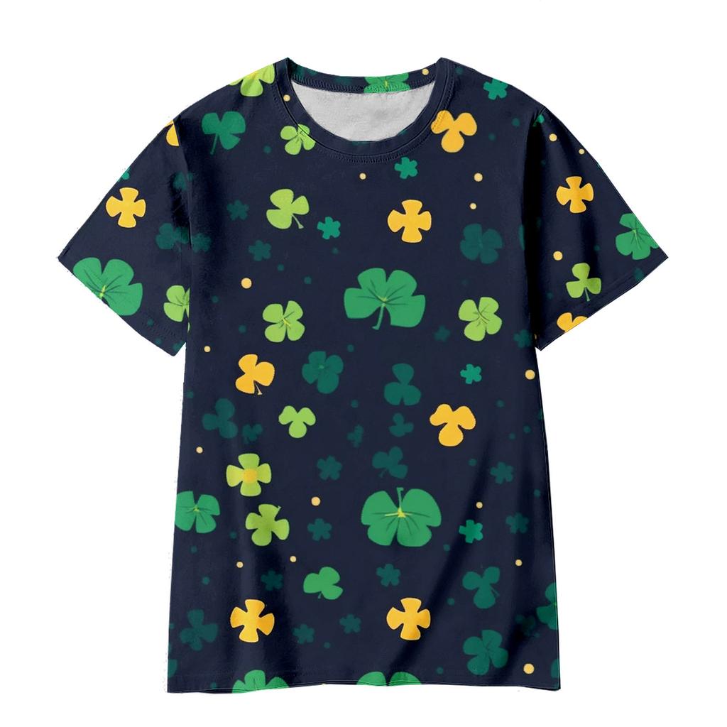 Summer Round Neck 3D Green Magic Hat with Clover Print Top Fashionable Casual Short Sleeved Children's Boy and Girl T-shirts
