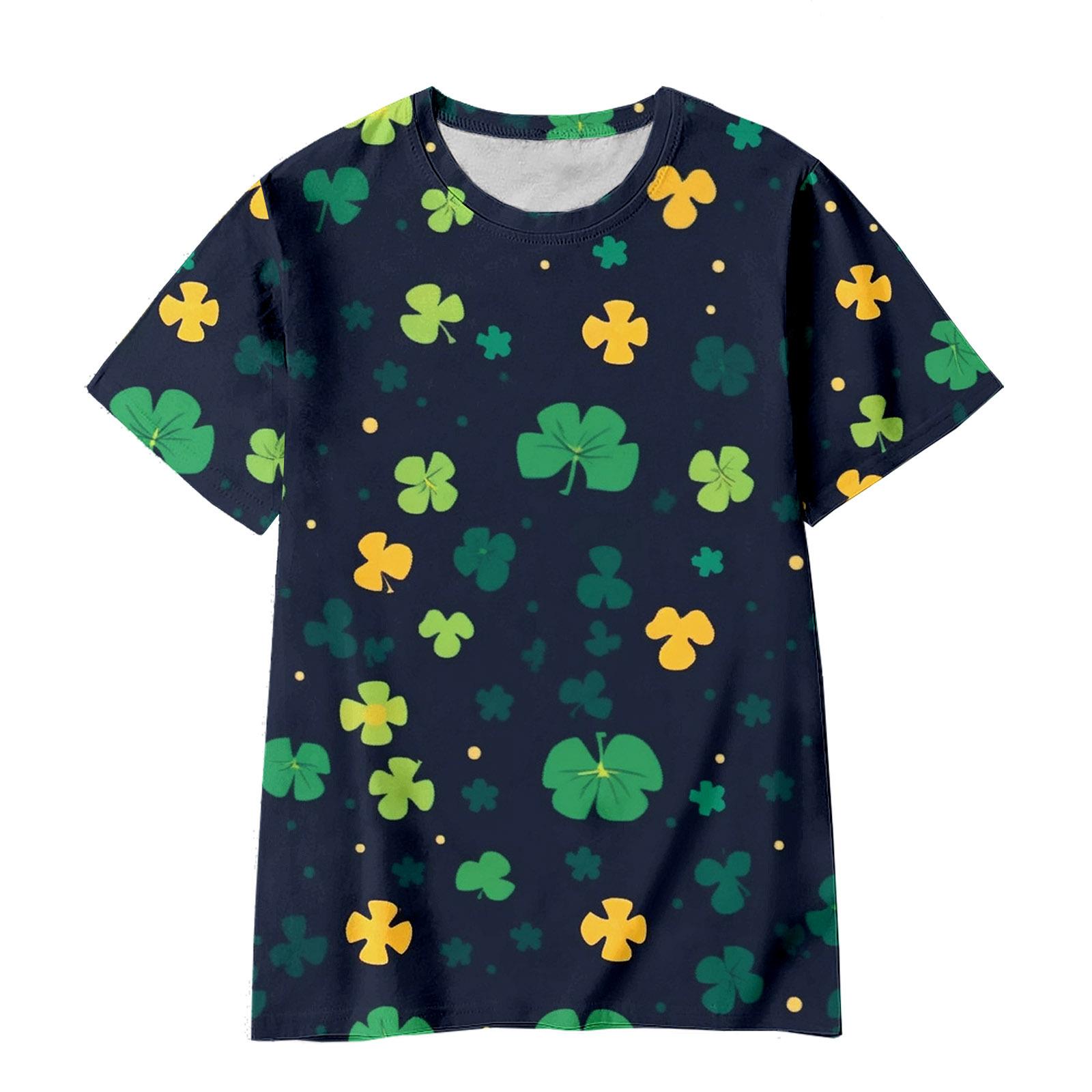 

Summer Round Neck 3D Green Magic Hat with Clover Print Top Fashionable Casual Short Sleeved Children s Boy and Girl T-shirts 130
