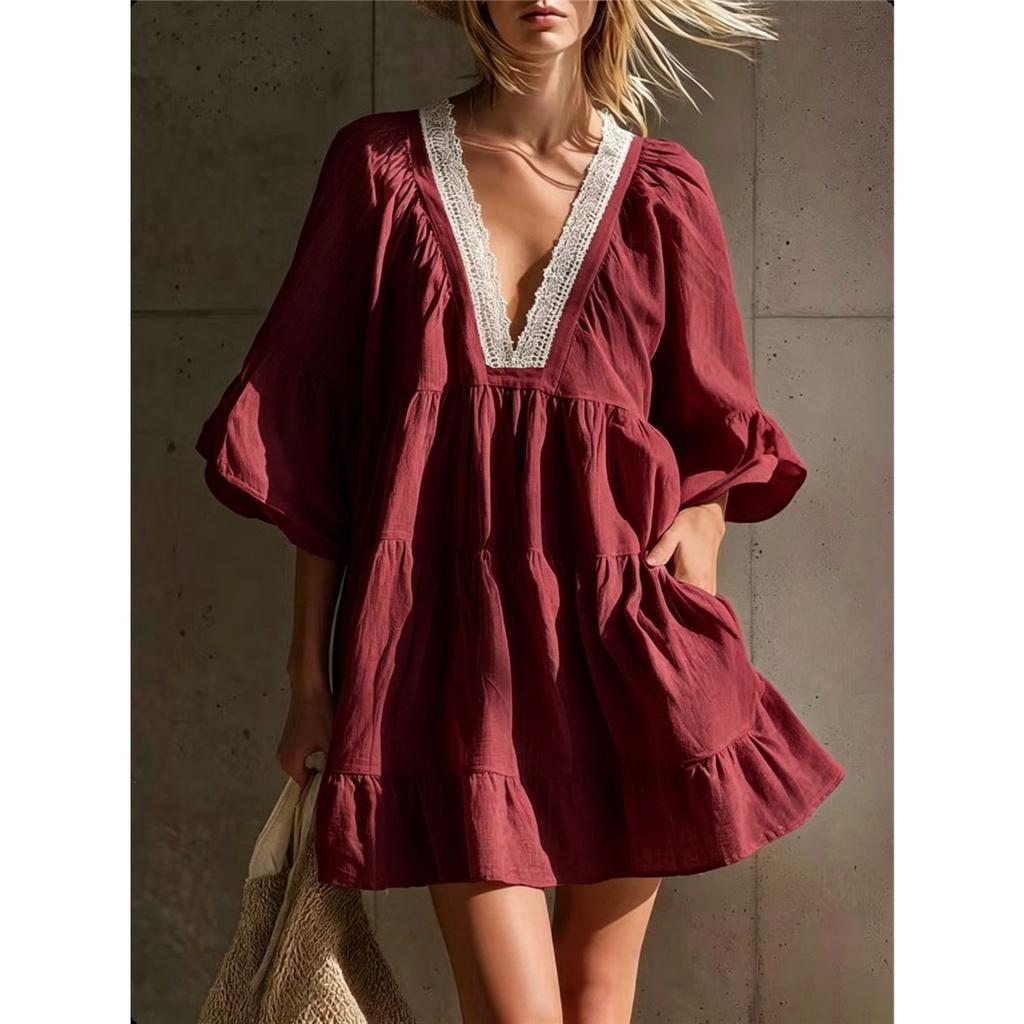 Women V‑Neck Lace Trim Mini Dress Flare Bell Sleeve Loose Tiered Ruffle Short Dress Casual Beach Vacation Ladies Sundress