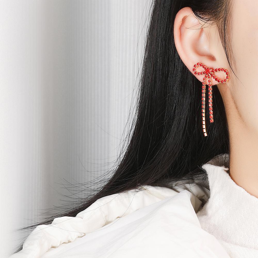 Valentine's Day Bow Drop Earrings with Crystal Zircon Shiny Stud Jewelry for Women Girls Gifts