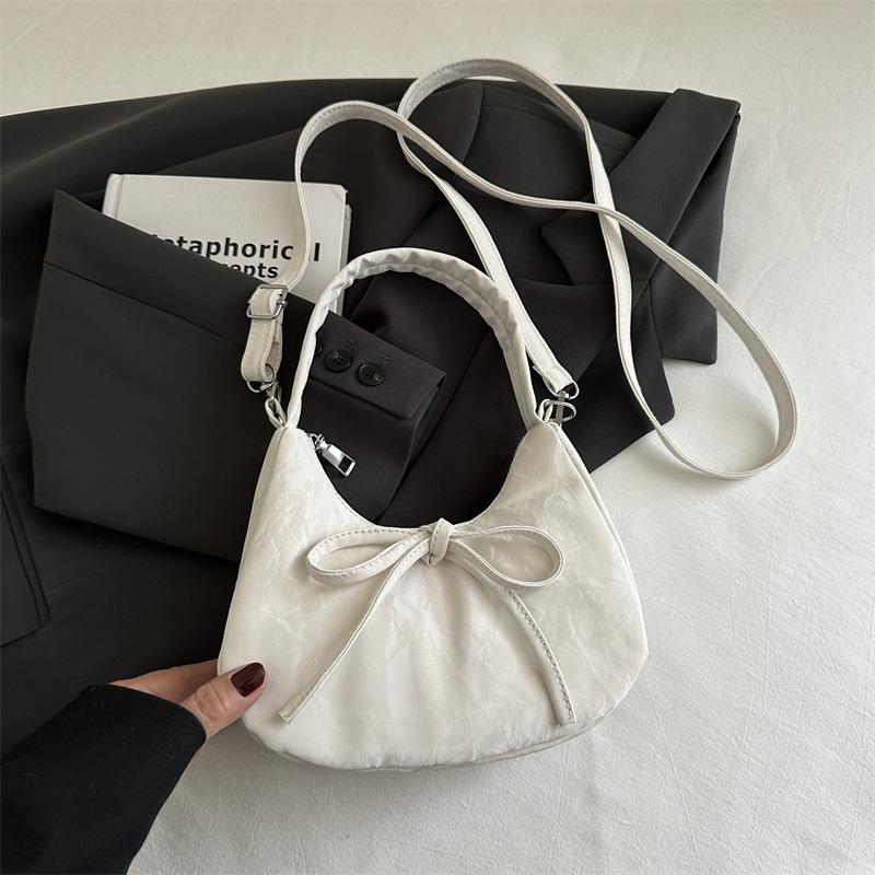 Simple Solid Color Bow Portable Dumpling Bag Women's 2025 Summer New Casual Fashion Versatile Underarm Shoulder Bag