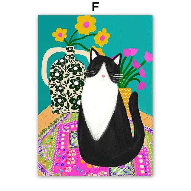Fashion Colorful Cat Vase Leaf Flower Illustration Wall Art Canvas Painting Abstract Plant Posters Prints Pictures for Kids Room
