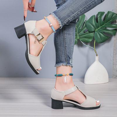 Fashion Thick Heel Sandals Women's 2025 New Thick Heel Medium Heel Women's Shoes Mother Shoes One-word Buckle with Fish Mouth Sandals Women's Summer