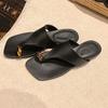 Small Gold Buckle~ Square Head Cover Toe Holiday Beach Flat Bottom Toe Flip-flops Women's Sandals Outside