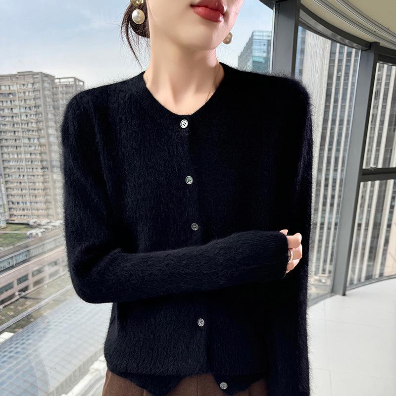 Women's Retro Cable Knit Mink Velvet Cardigan - Round Neck, Long Sleeve, Loose Fit, Short Sweater Coat