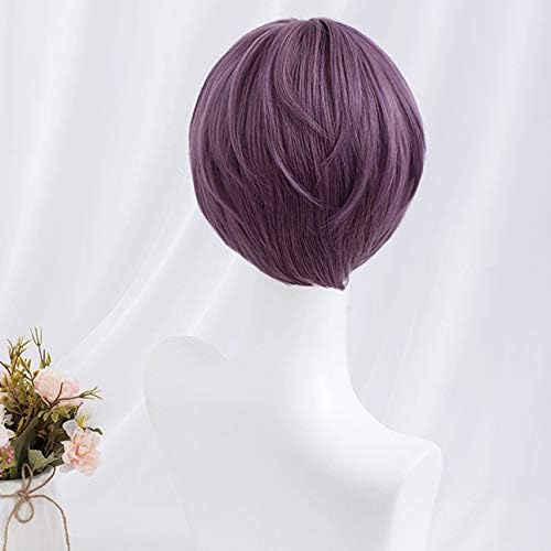 Harajuku-style purple short wig, semi-long, men's, fashionable, with net, natural look, unisex