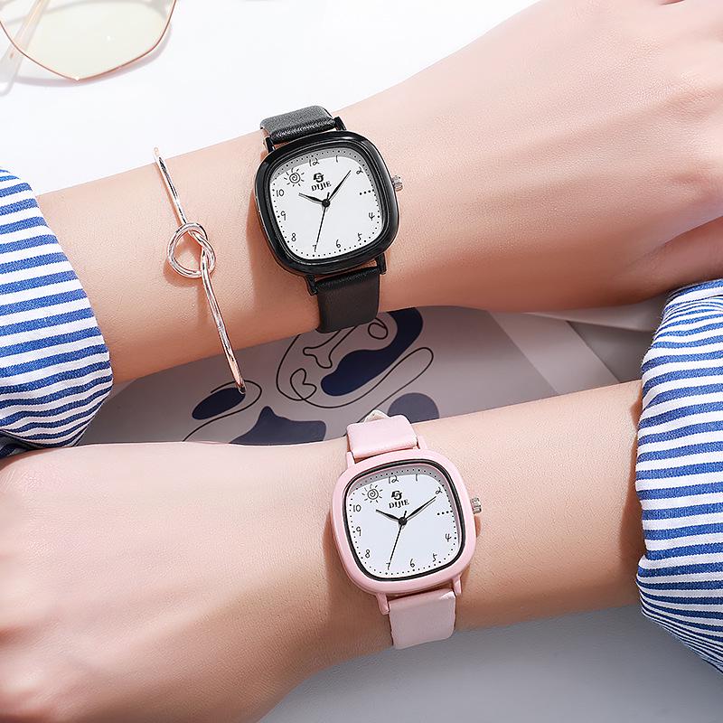 Preppy Style Quartz Skin-Brightening Unisex Minimalist Square Couple Wristwatch for Students