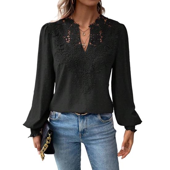 Women Short V-Neck Half Open Collar Lace Stitching Long-Sleeved Shirt Solid Color Loose Fit Pullover