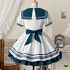 Japanese Style Sweet Cute Sailor Collar Bubble Short Sleeve High Waist Bow A-line Striped Kawaii Lolita Mini Dress Women Summer