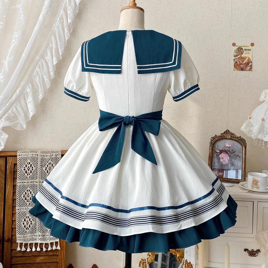 Japanese Style Sweet Cute Sailor Collar Bubble Short Sleeve High Waist Bow A-line Striped Kawaii Lolita Mini Dress Women Summer