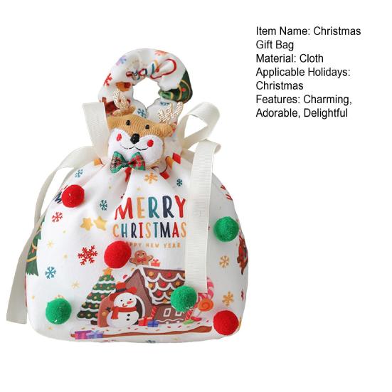Christmas Gift Bag with Drawstring Reusable Candy Bag for Treats Cookie Goodies Xmas Eve Fruit Storage Bag with Santa Snowman Deer Doll