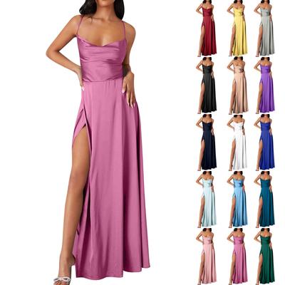 Women Summer Backless Long Satin Dress Cowl Neck Cross Spaghetti Strap Party Long Dress